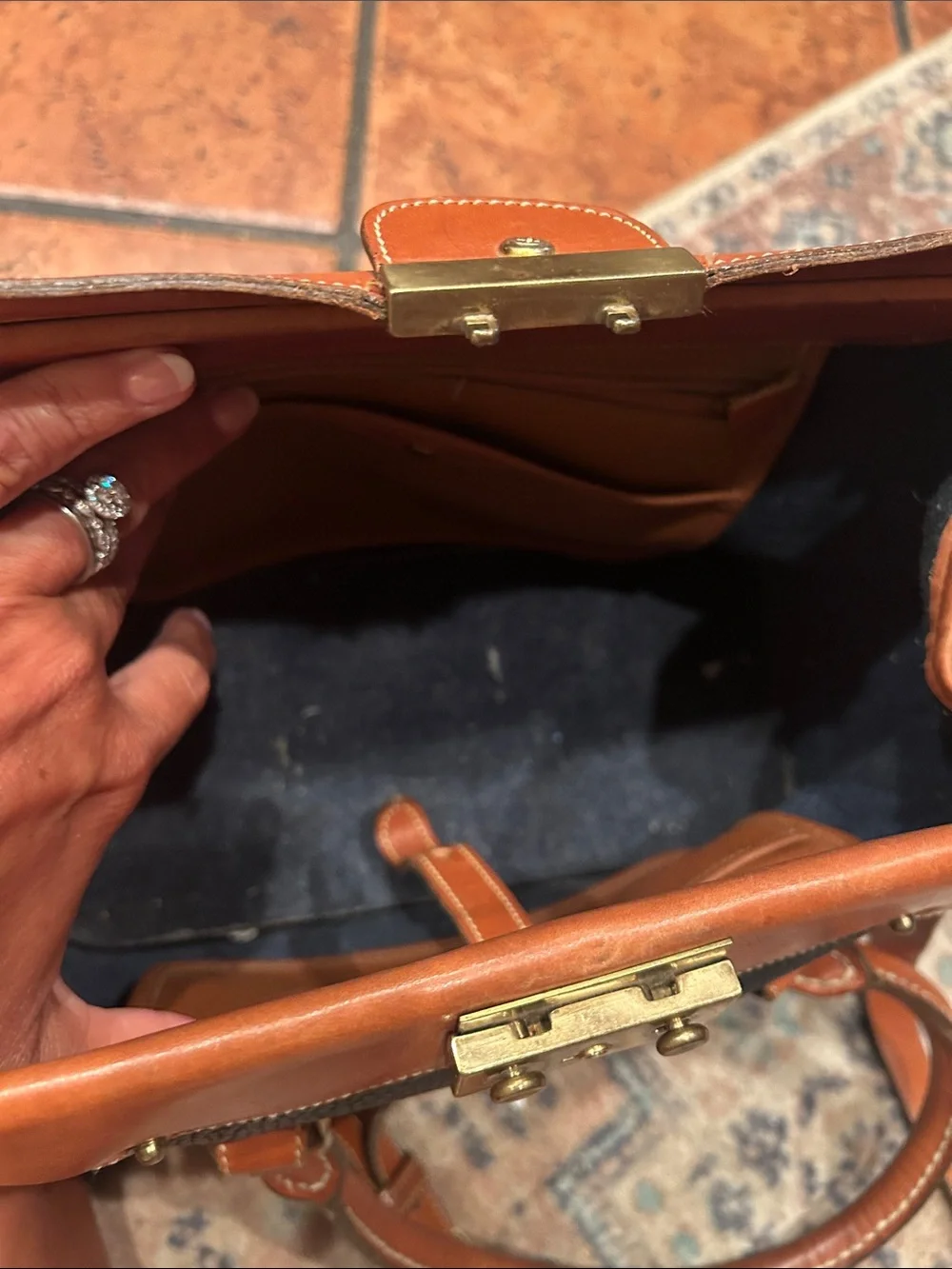Dooney & Bourke Navy Pebble Leather Satchel with Tan Trim